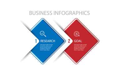 business infographic 2 parts or steps, there are icons, text, numbers. Can be used for presentation banners, workflow layouts, process diagrams, flow charts, info graphics, your business presentations