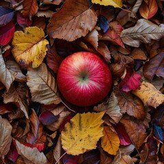 Wall Mural - Crisp apple resting on a bed of autumn leaves