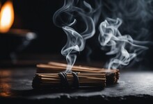 Smoke From Incense Sticks On A Empty Black Stone Table With Black Background High Quality Photo