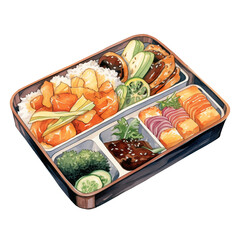 Wall Mural - Bento box / Lunch box with asian food / sushi and salmon, soy sauce, vegetables watercolor illustration png isolated on a transparent background, clipart 
