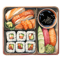 Wall Mural - Bento box / Lunch box with asian food / sushi and salmon, soy sauce, vegetables watercolor illustration png isolated on a transparent background, clipart 
