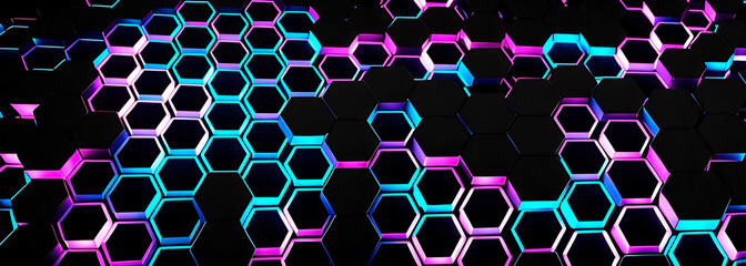 Wall Mural - Futuristic hexagonal pattern with glowing neon lights in 3d render style. Banner format. Can be used as background or wallpaper.