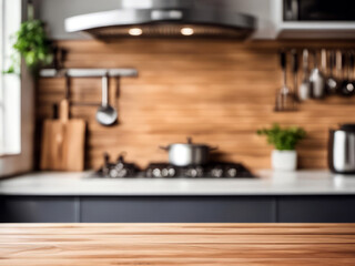 Wall Mural - Wooden table on blurred kitchen bench background. Empty wooden table and blurred kitchen background