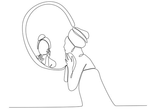 Continuous line drawing of woman in mirror vector illustration