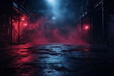 Fototapeta Perspektywa 3d - Neon-Lit Dark Street Scene: Night View with Smoke and Spotlights on Asphalt - Atmospheric Studio Room Background