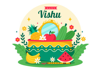 Wall Mural - Happy Vishu Festival Vector Illustration with Krishna,Traditional Kerala Kani, Fruits and Vegetables in National Holiday Flat Cartoon Background