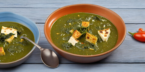 Wall Mural - Palak paneer fresh spinach leaves palak, Spinach cream soup with croutons in bowl on wooden background