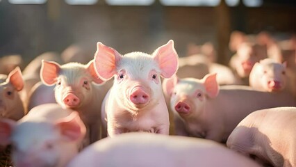 Wall Mural - In a modern barn, a group of cows and pigs are comfortably lying in stateoftheart pens, thanks to the increased efficiency and improved genetics that come with using gender selection on livestock