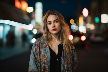 Beautiful young woman in the city at night. Portrait.