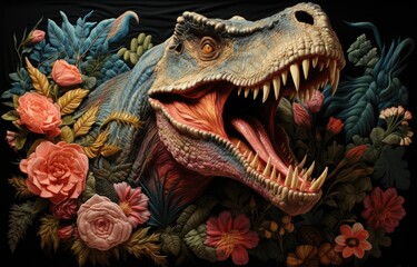 Wall Mural - fabric stumpwork embroidery of dinosaur on forest and flowers, fantasy on  dark background. Hight detailed fabric stumpwork embroidery.