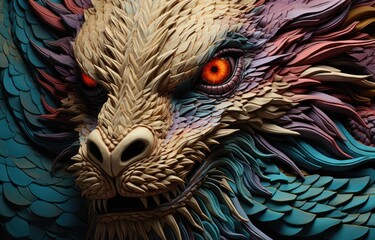 Wall Mural - fabric stumpwork embroidery of Dragon, fantasy on  dark background. Hight detailed fabric stumpwork embroidery.