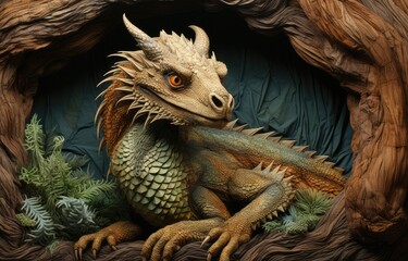 Wall Mural - fabric stumpwork embroidery of Dragon, fantasy on  dark background. Hight detailed fabric stumpwork embroidery.