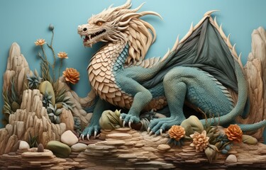 Wall Mural - fabric stumpwork embroidery of Dragon, fantasy on  dark background. Hight detailed fabric stumpwork embroidery.