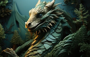 Wall Mural - fabric stumpwork embroidery of Dragon, fantasy on  dark background. Hight detailed fabric stumpwork embroidery.