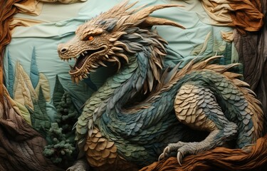 Wall Mural - fabric stumpwork embroidery of Dragon, fantasy on  dark background. Hight detailed fabric stumpwork embroidery.