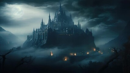 Wall Mural - A towering castle shrouded by a cloak of mist its spires reaching up to a starless night sky.