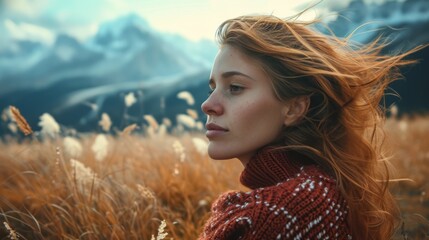 Poster - Realistic close-up photo concept of a girl in the mountains, wind tousling her hair while she gazes at the scenic landscape Generative AI