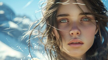 Realistic depiction of a girl's close-up amidst mountainous landscapes, hair swaying in the wind, showcasing her connection with nature's beauty Generative AI