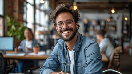 Poster - Realistic depiction of a man in a modern office space, smiling brightly while collaborating with coworkers at a shared workspace Generative AI
