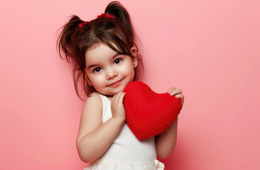 Wall Mural - a beautiful little girl holds up a red heart on pink background