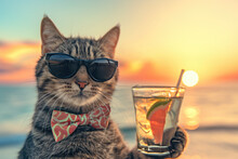 Happy Cat With Sunglass And Bow Tie Hold Coctail On Sunset Party Beach