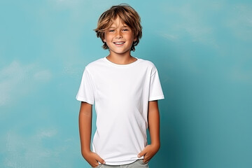 Wall Mural - Boy in white t-shirt on blue background. T-shirt mockup.
