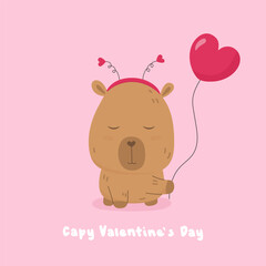 Wall Mural - Cute capybara with pink heart shape helium balloon