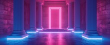 Ancient Greek Style Pillar Three Podiums And Door On Blue Pink Violet Neon,ultraviolet Light, Night Club Empty Room Interior, Tunnel Or Corridor, Glowing Panels