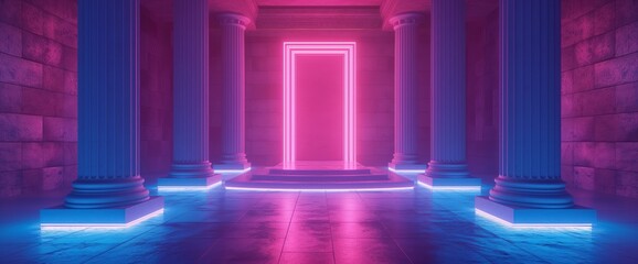 Wall Mural - Ancient Greek style pillar three podiums and door on blue pink violet neon,ultraviolet light, night club empty room interior, tunnel or corridor, glowing panels