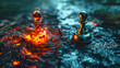 two chess pawns, one engulfed in flames and glowing, the other calm and cool, on a textured surface, symbolizing conflict