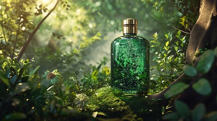 Wall Mural - Forest Luxury Background,3d glass bottel Packaging Mockup, Nature Elegance, Ai generated