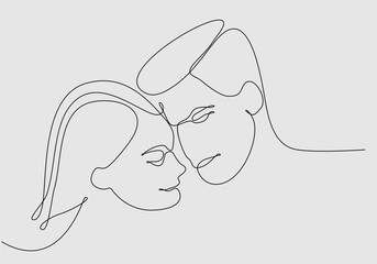 Wall Mural - Minimalistic face line illustration of couple kissing. Abstract vector man and woman. Black and white on white background. One line drawing