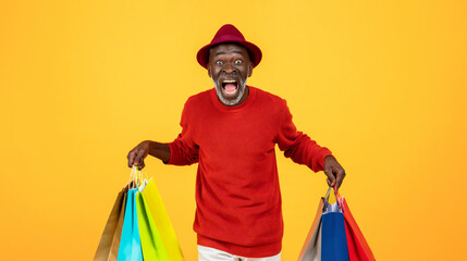 Wall Mural - Shocked excited old black man shopaholic in hat with open mouth and many bags scream