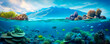 Panoramic view of an underwater world with a majestic mountainous landscape above it. Marine life swimming above a rich coral reef teeming with fish. Ecosystem. Travel. Diving, snorkeling.