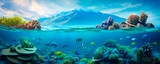 Fototapeta Do akwarium - Panoramic view of an underwater world with a majestic mountainous landscape above it. Marine life swimming above a rich coral reef teeming with fish. Ecosystem. Travel. Diving, snorkeling.