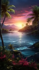 Wall Mural - A mesmerizing aerial perspective capturing the beauty of tropical islands with palm trees set against a colorful sunset, creating a serene and dreamlike ambiance Generative AI