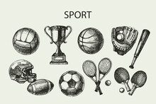 Hand Drawn Sports Set. Sketch Sport Balls. Vector Illustration