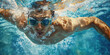 man in swimming goggles is underwater while swimming, generative AI