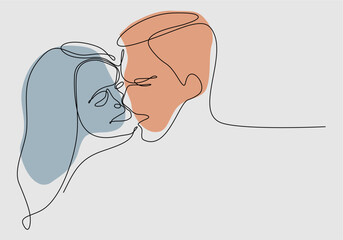 Wall Mural - Minimalistic face line illustration of couple kissing. Abstract vector man and woman. Black and white on white background. One line drawing