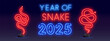 Neon Chinese New Year: The Chinese Zodiac - Year of the Snake 2025 Chinese neon style. Snake silhouette design, symbol of chinese new year 2025