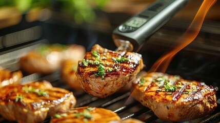 Checking for safe food temperature with digital instant thermometer. Kitchen meat thermometer against pork steaks on a grill.