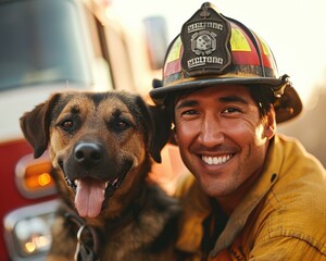 Canvas Print - A firefighter with his dog. Generative AI.