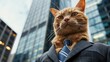 fat cat concept. fat ginger cat with a man's body in a business suit, with office district in the background