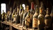 Detailed close-up of wine bottles in a cellar, selective focus ::1 dust-covered bottles, textured labels, aged corks, varied wine varieties --ar 16:9 --v 5.2 Job ID: ea631690-d928-4d33-9418-bdbdc42613