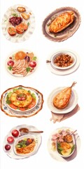 Poster - Digital miniatures capturing various Thanksgiving dishes in detailed watercolor textures, showcased in a feminine sticker art format with white and bronze accents. Generative AI
