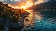 Majestic Norwegian Fjords, Warm Sunset Hues, Aerial Drone View, Tranquil Waters, Detailed Sunset Scene Generative AI