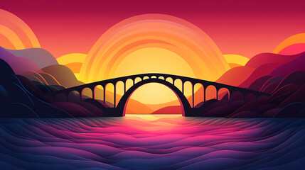 Wall Mural - illuminated bridge spanning gradient of dawn colors, symbolizing connection, journey, and progress