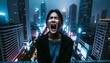 © Aurum - Joven mujer liberando un grito poderoso en medio de la noche urbana, una expresión intensa de emoción y energía contra un fondo de rascacielos iluminados.