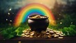 Banner of Pot of gold coins, clover leaves and rainbow. St. Patrick's Day concept. Generative AI
