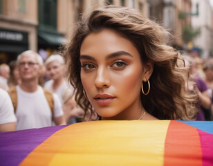 Wall Mural - Young girl in the middle of a LGBTQ demonstration holding the flag.